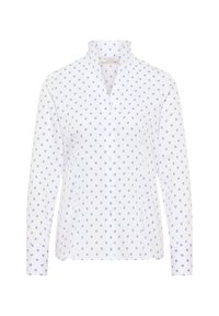 White button-up shirt with long sleeves, featuring blue circular polka dots, a mandarin collar, and a straight hem. Soft cotton fabric.