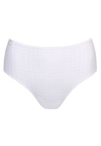 Białe bawełniane majtki w strukturalny wzór w kratkę. Elastyczny pas i dekoracyjne przeszycia po bokach. Klasyczny krój z wysokim stanem.