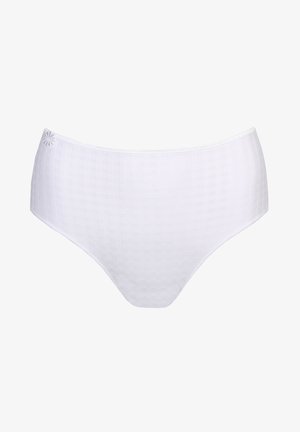 Witte katoenen slip met een gestructureerd ruitpatroon. Elastische tailleband en decoratieve stikdetails aan de zijkant. Klassiek hoog onontwerp.