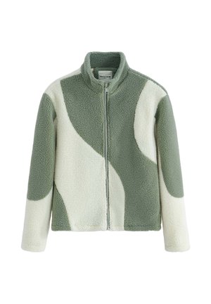Veste polaire avec fermeture éclair à l'avant, col haut, et motif abstrait vert et crème avec une texture douce et pelucheuse. Conception douce et chaude.