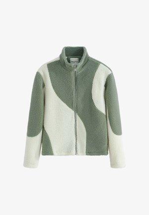 Veste polaire avec fermeture éclair à l'avant, col haut, et motif abstrait vert et crème avec une texture douce et pelucheuse. Conception douce et chaude.