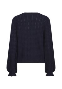 Pull bleu marine à manches longues avec motif tricot texturé, manches bouffantes et poignets volantés, présenté de dos sur fond blanc.