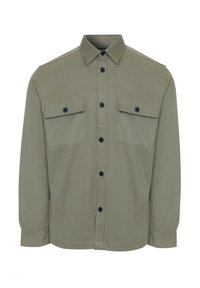 Olijfgroene shirtjack gemaakt van zachte stof, met een knoopsluiting aan de voorkant, twee borstzakken en zwarte knopen. Getailleerde pasvorm, lange mouwen.