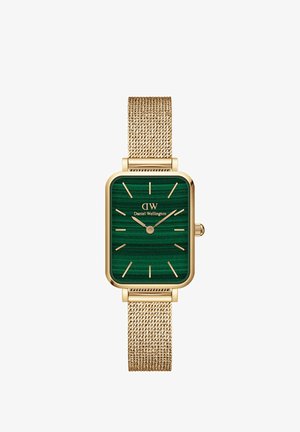 Guldtonad rektangulär klocka med en grönrandig urtavla, minimalistiska timmarkörer och ett guldmesh-armband.