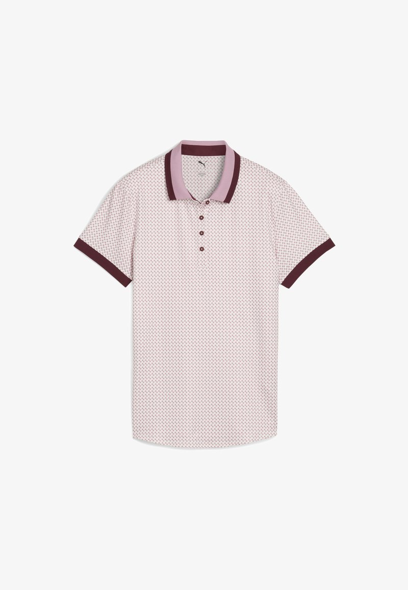 Kortärmad polo skjorta i ljusrosa med ett geometriskt mönster, mörk vinröd krage, ärmslut och treknappsslå.