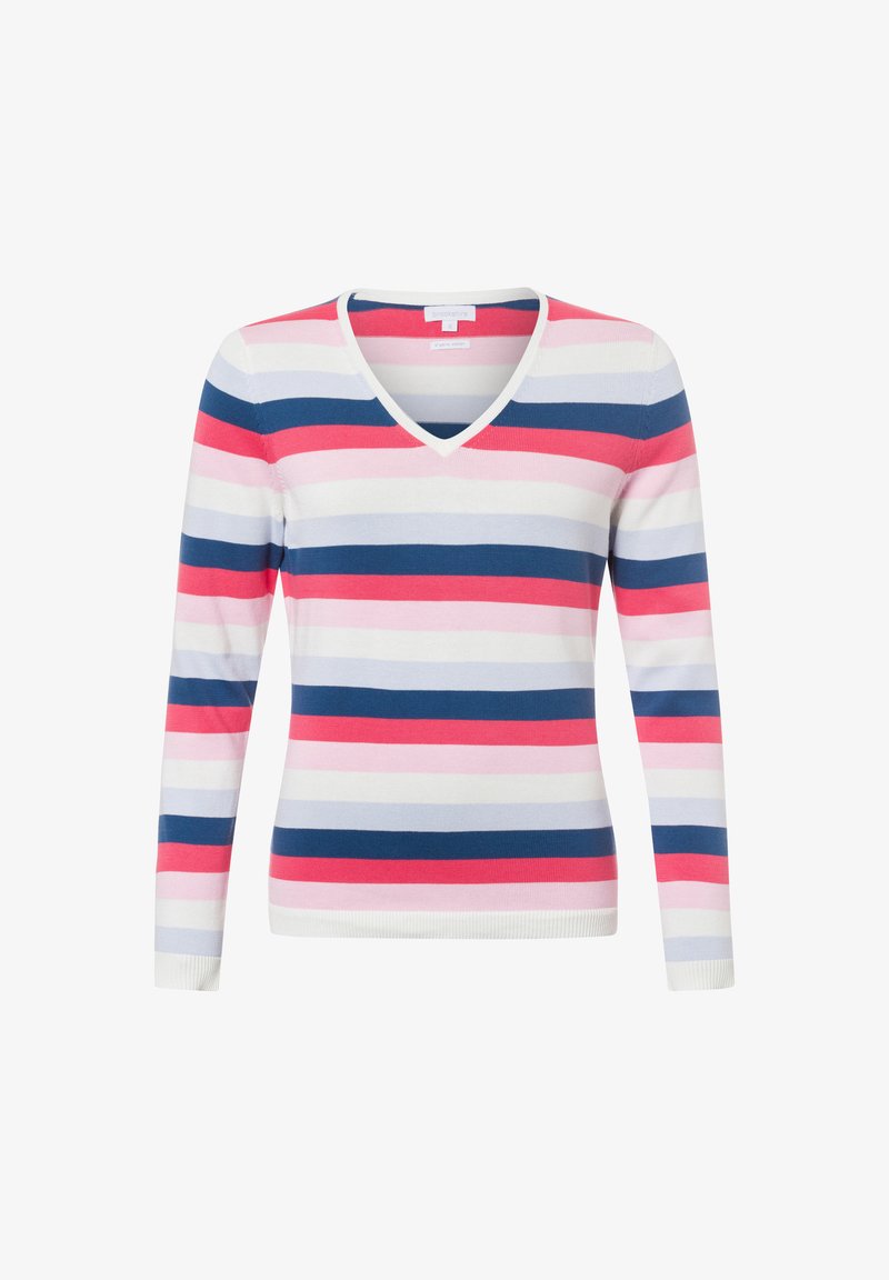 Gestreepte trui met een V-hals, lange mouwen en horizontale strepen in roze, blauw en wit. Zacht gebreid materiaal met geribbelde manchetten.