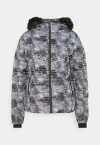 Kurtka puchowa w czarno-białym wzorze z imitacji krokodylej skóry, z zapięciem na zamek błyskawiczny i kapturem z sztucznego futra. Posiada elastyczne mankiety oraz boczne kieszenie.