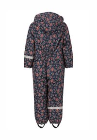 Navy bloemen kinderoverall met capuchon, elastische taille en reflecterende strepen op de mouwen. Zachte, gewatteerde textuur voor warmte.