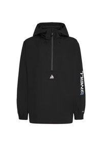 Zwarte windjack met capuchon, halve rits aan de voorkant, elastische manchetten, O'Neill-logo op de mouw en een driehoekig logo op de borst.