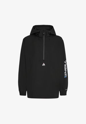 Juodas vėjui atsparus džemperis su gobtuvu, pusiau užtrauktuku, elastingomis rankovėmis, O'Neill logotipu ant rankovės ir trikampiu logotipu ant krūtinės.