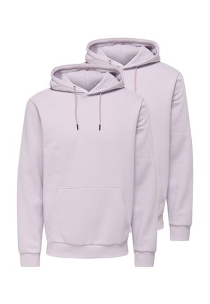 Deux sweatshirts à capuche unis de couleur violet clair avec poches avant et cordons, présentés côte à côte sur un fond blanc.