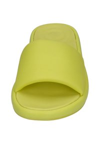 Yellow slide sandal with a wide strap, smooth synthetic material, open toe design, and a cushioned footbed for comfort.