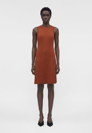 Kobieta stoi przodem, ubrana w bezrękawnikową sukienkę w kolorze rdzy sięgającą kolan oraz czarne buty na szpiczastym obcasie na jednolitym jasnym tle.