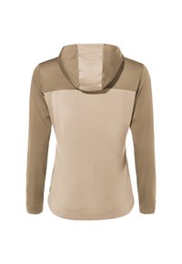 Felpa con cappuccio in beige e color sabbia chiaro, caratterizzata da maniche lunghe, una texture liscia e un design bicolore con pannelli a contrasto sulle spalle.