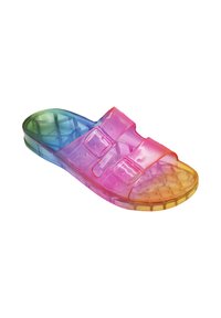 Infradito in plastica traslucida con due cinturini regolabili con fibbie, caratterizzate da un colore arcobaleno sfumato che passa dal blu al rosa al giallo.