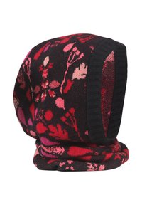 Gebreide muts met bloemenpatroon in zwart, rood en roze. Kenmerkt zich door een omgevouwen rand met ribbelstructuur en levendige bloemdecoraties aan de hele muts.