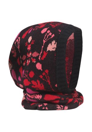 Berretto lavorato a maglia con motivo floreale in nero, rosso e rosa. Presenta un bordo piegato con texture a coste e vivaci disegni floreali in tutto il cappello.