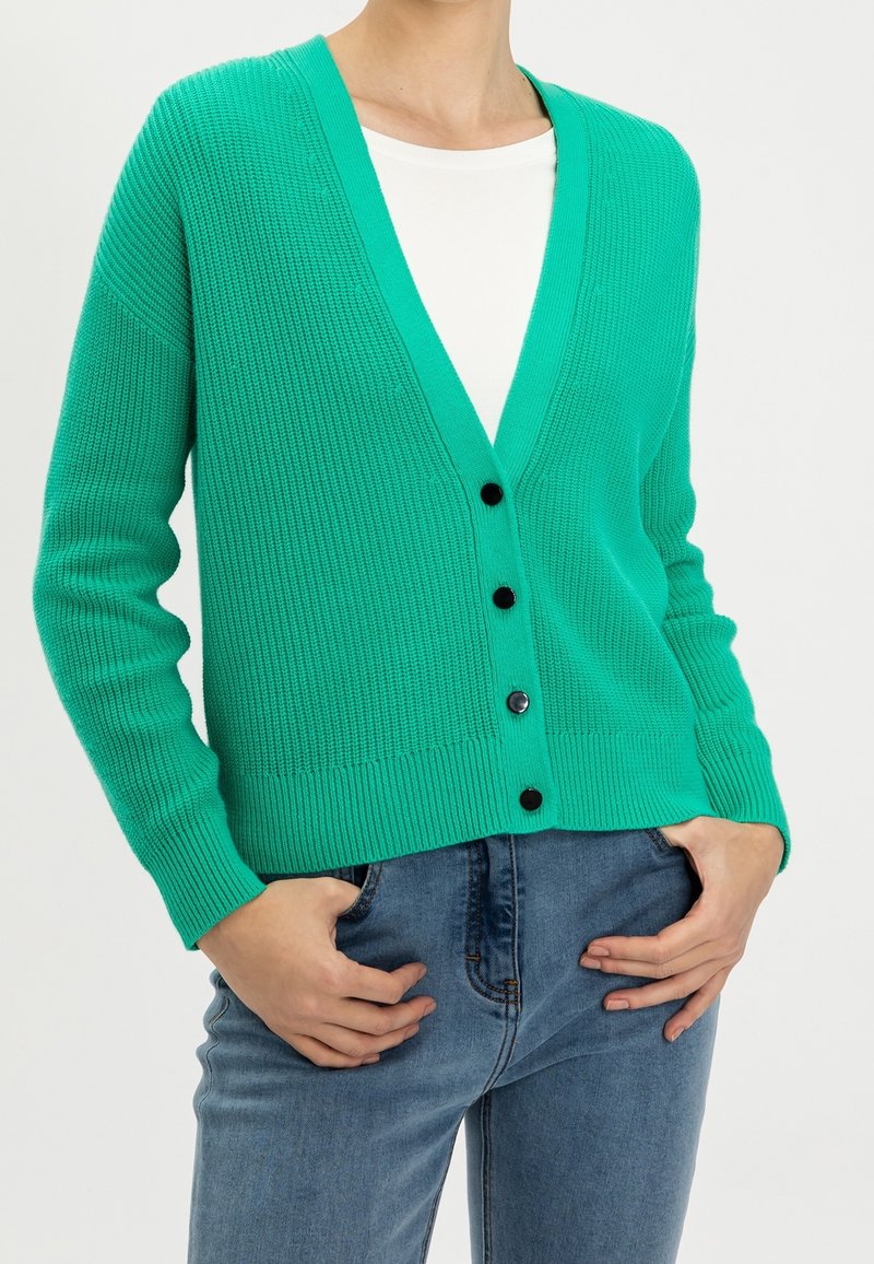 Tyrkysový pletený svetr s hlubokým výstřihem do V, ribovanou texturou a černými knoflíky. V kombinaci s bílým topem a modrými džínami.