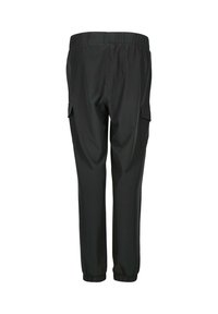 Black cargo pants with elastic waistband, tapered legs, and side pockets. Smooth, lightweight fabric with a solid color, no patterns.