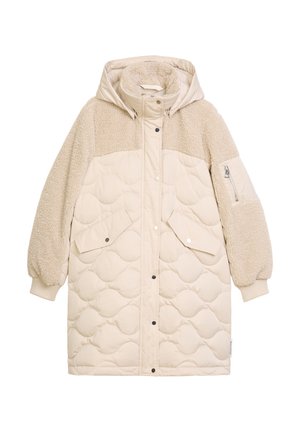 Beiger langer Steppmantel mit gestepptem Körper, Sherpa-Fleece-Ärmeln und -oberer Brustpartie, Fronttaschen, Reißverschluss und Druckknöpfen sowie Kapuze.