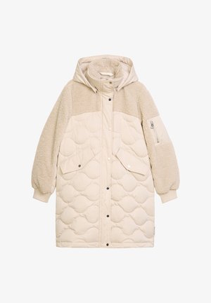 Beiger langer Steppmantel mit gestepptem Körper, Sherpa-Fleece-Ärmeln und -oberer Brustpartie, Fronttaschen, Reißverschluss und Druckknöpfen sowie Kapuze.