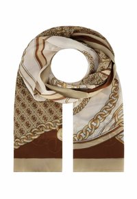 Foulard in seta con un design a catena in tonalità di marrone e beige, con uno sfondo decorato e una texture liscia. Le estremità sono tagliate dritte.