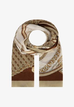 Foulard in seta con un design a catena in tonalità di marrone e beige, con uno sfondo decorato e una texture liscia. Le estremità sono tagliate dritte.