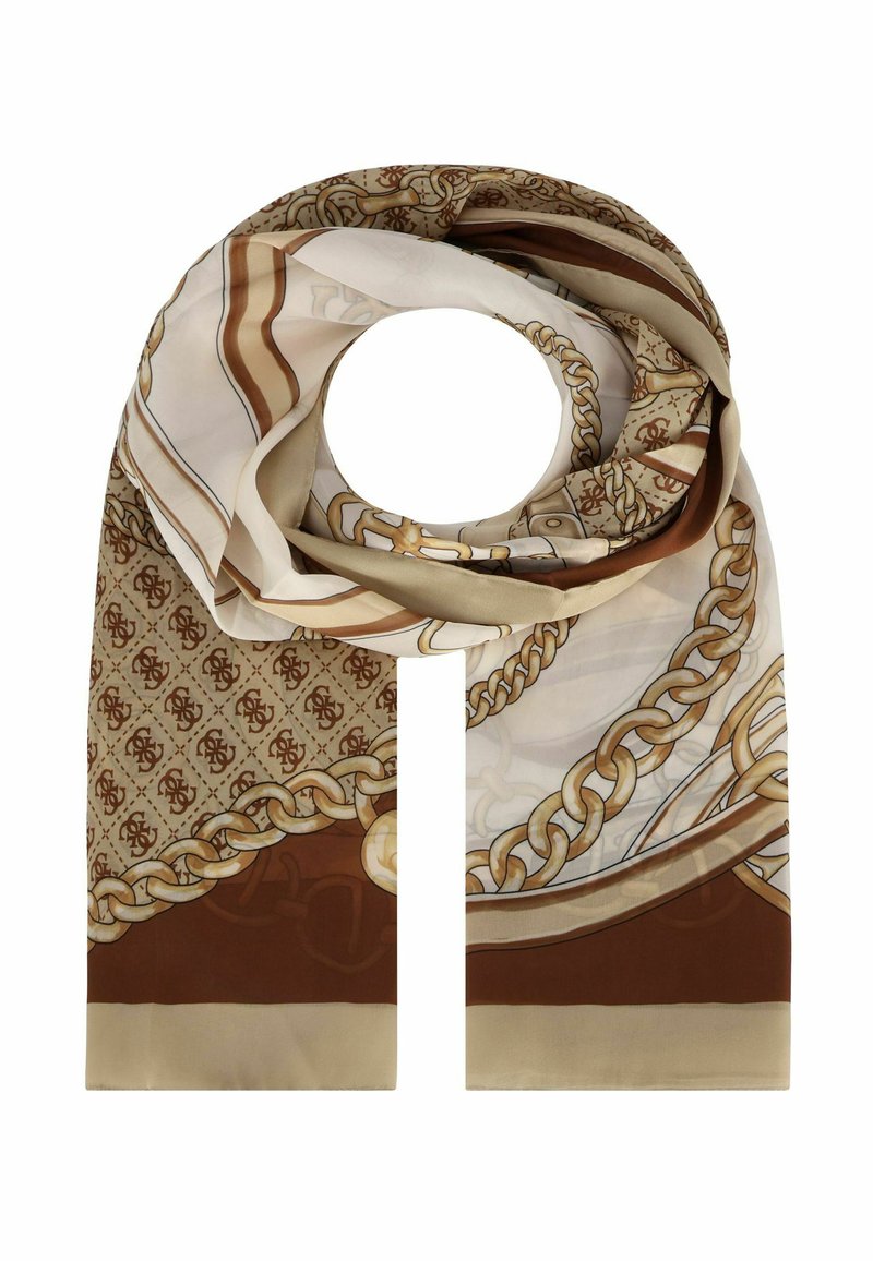 Foulard in seta con un design a catena in tonalità di marrone e beige, con uno sfondo decorato e una texture liscia. Le estremità sono tagliate dritte.