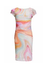 Robe à manches courtes ornée d'un motif abstrait coloré et ondulé dans des teintes pastel, agrémentée de sequins, créant une surface texturée. Silhouette ajustée.