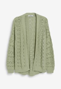 Hellgrüner gestrickter Cardigan mit offenem Vorderteil, versehen mit einem Spitzenmuster aus Diamant- und Blumenmotiven, geripptem Saum und Bündchen.