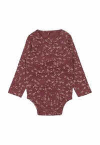 Mörkröd långärmad babybody med blommigprint, mjukt tyg, rund halsringning och knäppningar i botten för lätt påklädning.