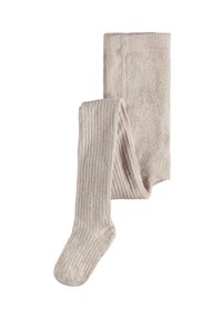 Collants côtelés beiges en matériau doux et texturé. Présentent une coupe ajustée avec un orteil simple. Idéal pour le superposition ou un usage décontracté.