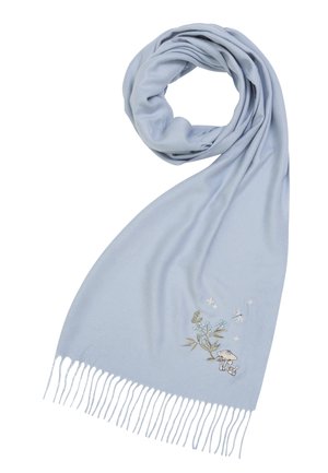 Light blue scarf made of soft fabric, featuring intricate floral embroidery in gold and light blue, with fringed ends.