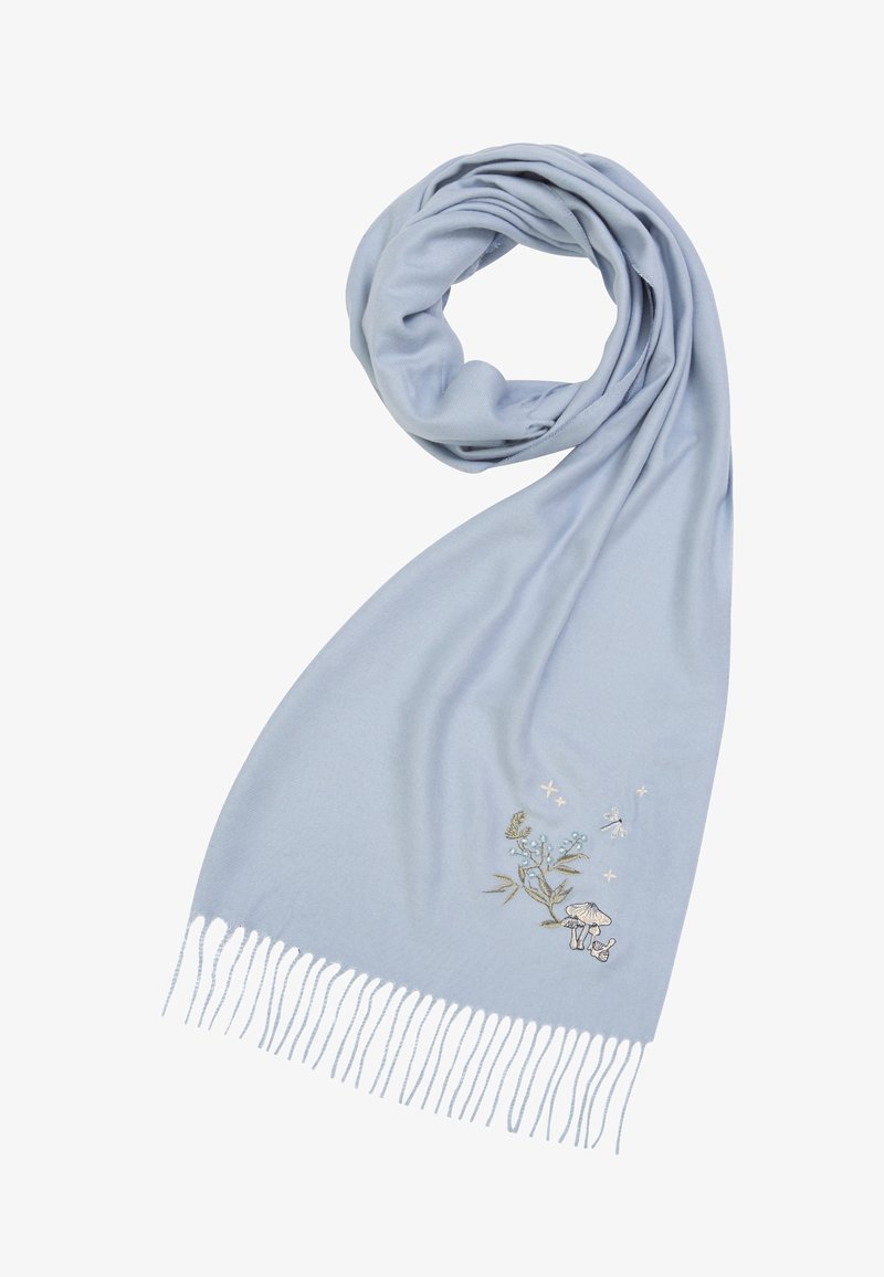 Svijetloplavi šal od mekog materijala, s složenom cvjetnom vezom u zlatnoj i svijetloplavoj boji, s resicama na rubovima.