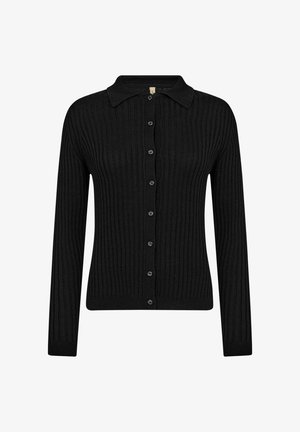 Črn rebrast kardigan s ovratnikom, dolgimi rokavi in gumbi spredaj. Ima mehak kemični in prilegan kroj.