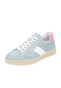 Baskets bleu clair avec des accents blancs et un dos rose. Présentent une fermeture éclair sur le devant et des lacets traditionnels. Fabriquées en cuir avec une semelle en caoutchouc.