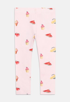 Leggings pour enfants rose clair avec un motif de fraises, tranches de pastèque, cornets de glace, grappes de citrons et cupcakes roses.