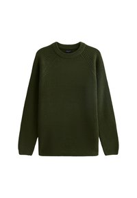 Suéter de punto verde oliva con cuello redondo, mangas raglán y un patrón texturizado. Presenta un corte relajado y puños y dobladillo acanalados.