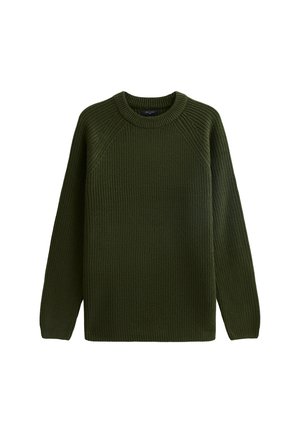 Maglione lavorato a maglia verde oliva con collo a giro e maniche raglan, caratterizzato da un motivo testurizzato. Presenta una vestibilità rilassata e orli e polsini a costine.