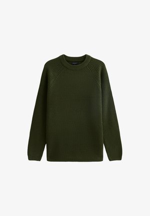 Maglione lavorato a maglia verde oliva con collo a giro e maniche raglan, caratterizzato da un motivo testurizzato. Presenta una vestibilità rilassata e orli e polsini a costine.