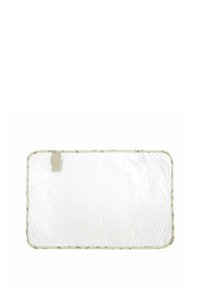 Cambiador rectangular blanco con esquinas redondeadas y un borde floral beige sobre un fondo blanco.