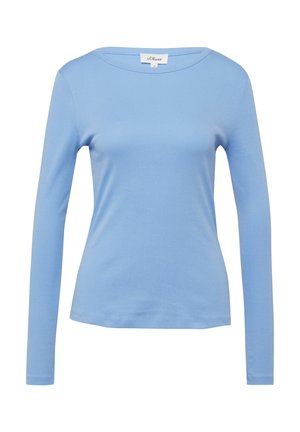 Jasnoniebieska damska koszula z długim rękawem, okrągłym dekoltem, dopasowanym krojem i metką marki s.Oliver przy kołnierzu.