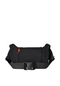 Black waist bag featuring a textured fabric, orange zipper pull, padded sides, adjustable strap, and a secure buckle closure.