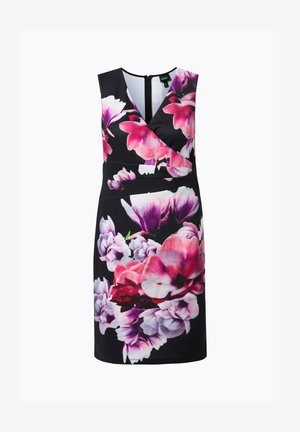 Černé šaty bez rukávů s výstřihem do V a velkým květinovým potiskem v růžové, fialové a bílé, s detailem zavinovacího pasu a zadním zipem.