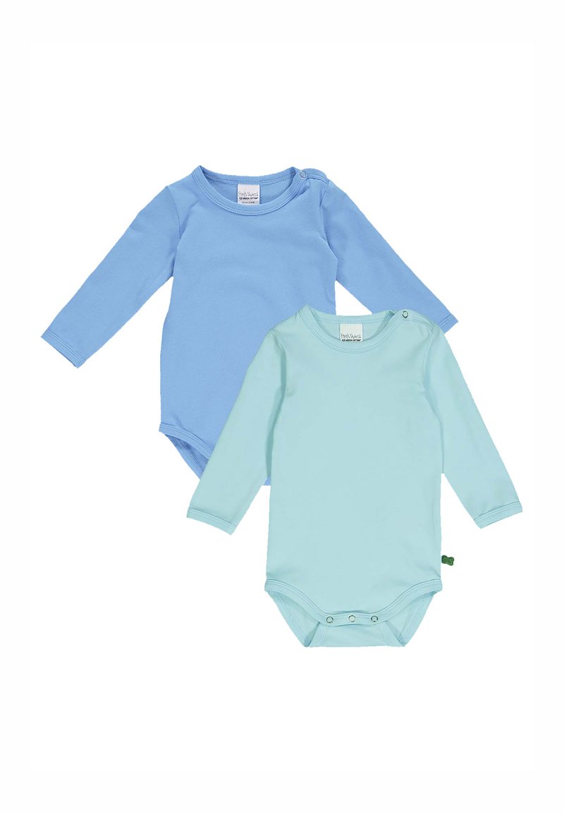 Due bodysuit a maniche lunghe in blu chiaro e verde acquamarina, realizzati in morbido tessuto di cotone, con bottoni a pressione per una facile vestizione.