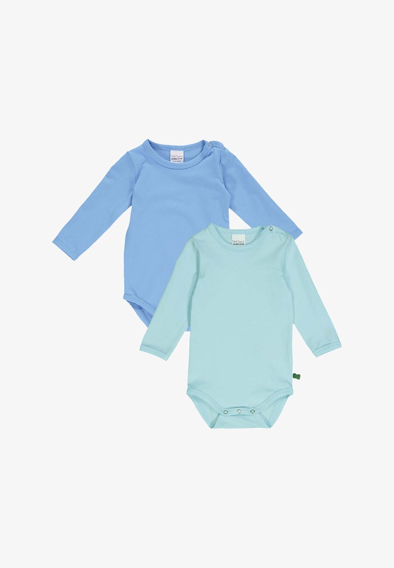 Deux bodies à manches longues en bleu clair et vert aqua, fabriqués en coton doux, dotés de boutons-pression pour un habillage facile.