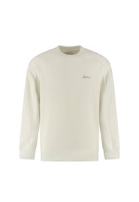 Kremowy sweatshirt wykonany z miękkiej tkaniny, z okrągłym dekoltem, długimi rękawami raglanowymi i haftem "Balenced" na piersi.
