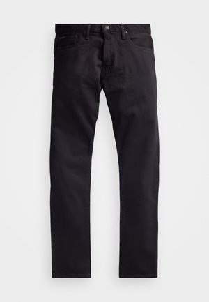 Calças de ganga pretas com um design de perna reta, apresentando um fecho de botão e fecho de correr, cinco bolsos e um tecido ligeiramente texturizado.