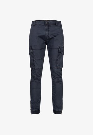 Dunkelblaue Cargo-Hosen mit mehreren Taschen, schmaler Passform, elastischen Bündchen und einer glatten Denim-Oberfläche. Merkmale sind sichtbare Nähte und Beschläge.
