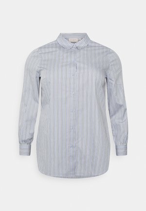 Light blue and white striped button-up shirt with a collar, long sleeves, and elastic cuffs. Features a smooth cotton blend fabric.